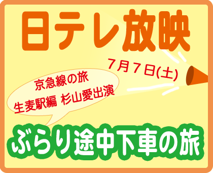 日本テレビ　ぶらり途中下車の旅　2012年７月７日　京急線の旅で放映　生麦駅　